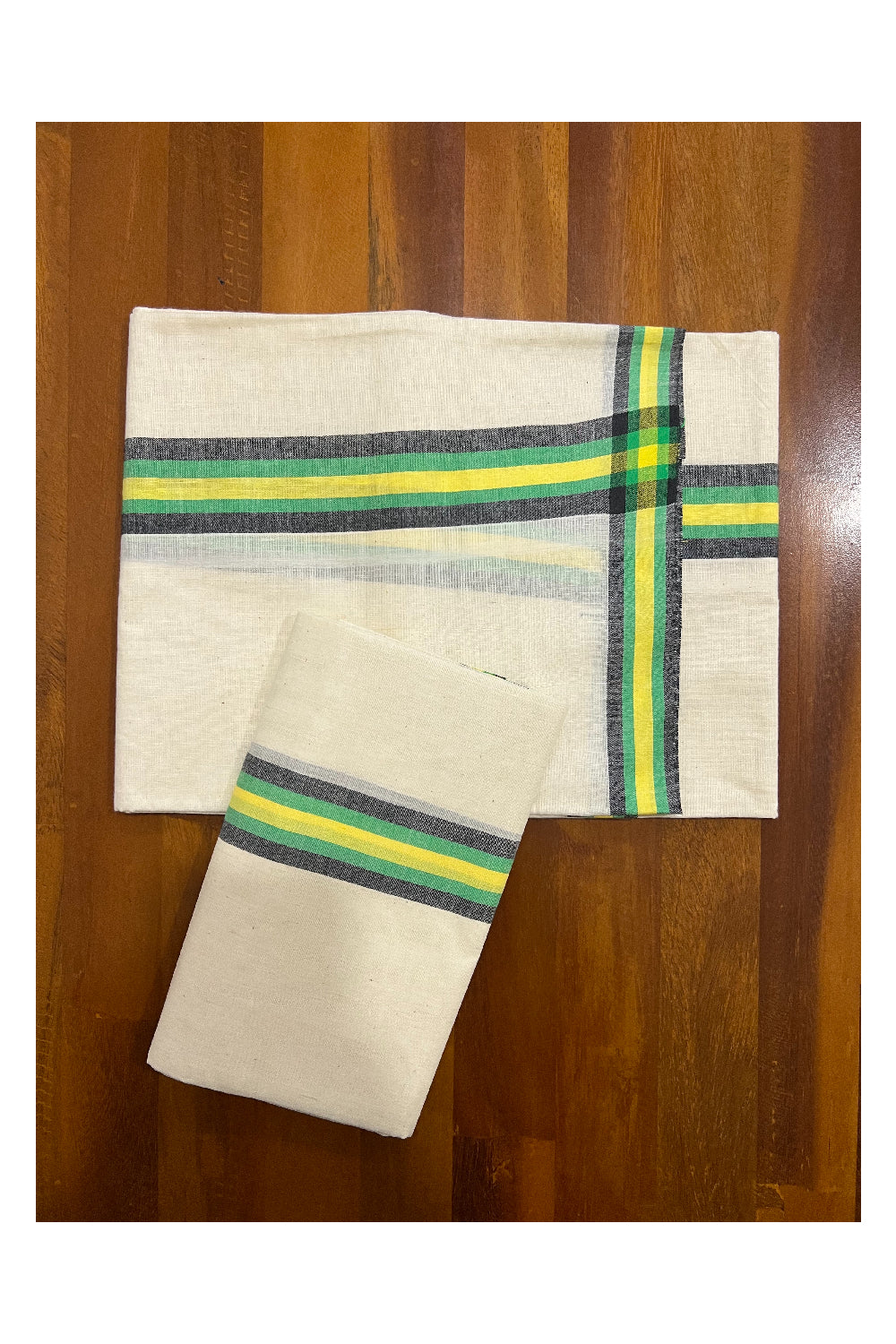 Kerala Cotton Mundum Neriyathum Single (Set Mundu) with Black Green and Yellow Mulloth Border (Extra Soft Cotton)