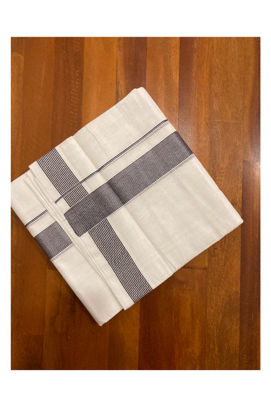 Southloom Premium Handloom Cotton Pure White Mundu with Silver Kasavu and Navy Blue Line Border (South Indian Dhoti)