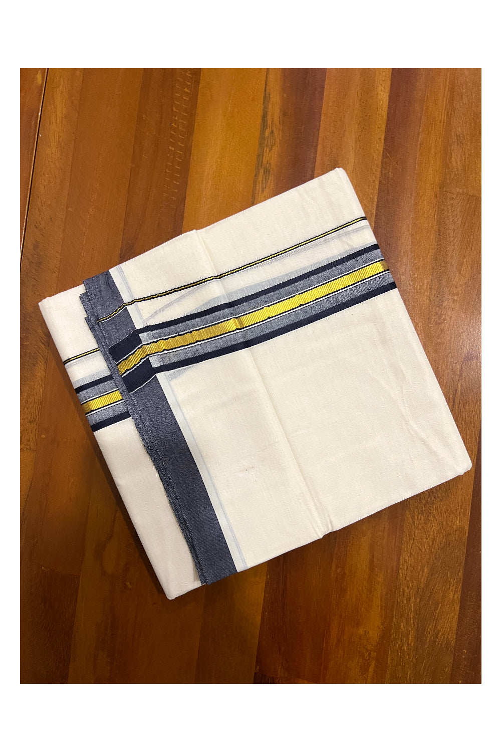 Off White Kerala Double Mundu with Kasavu and Navy Blue Border (South Indian Dhoti)