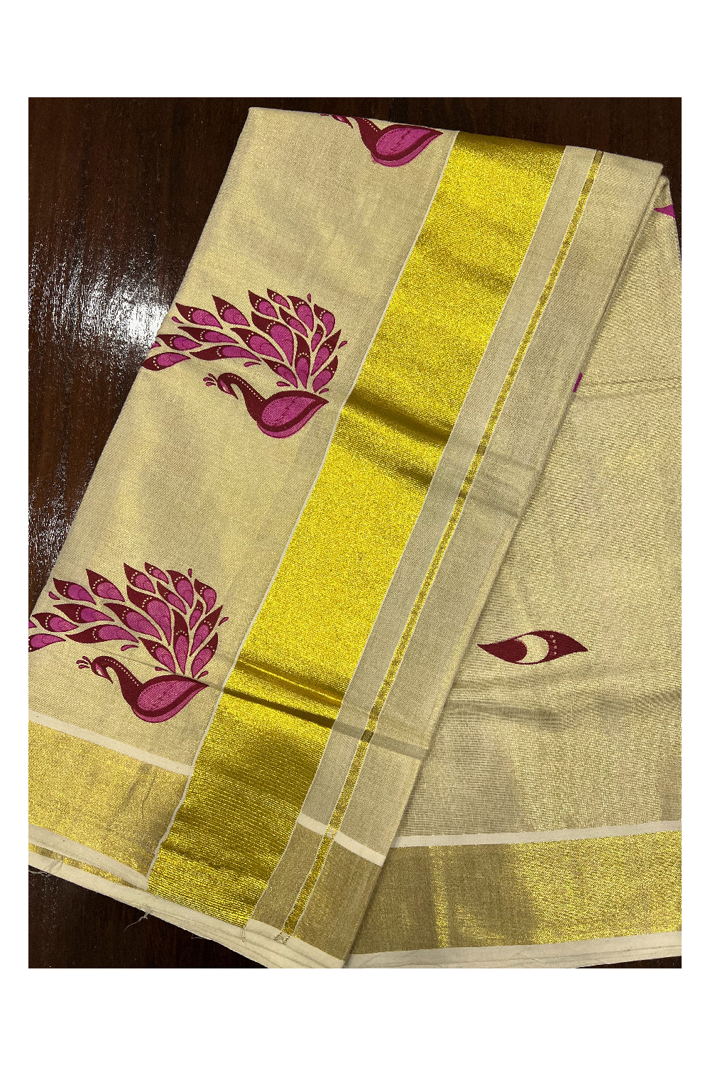 Kerala Tissue Kasavu Saree with Magenta Mural Peacock Art Design