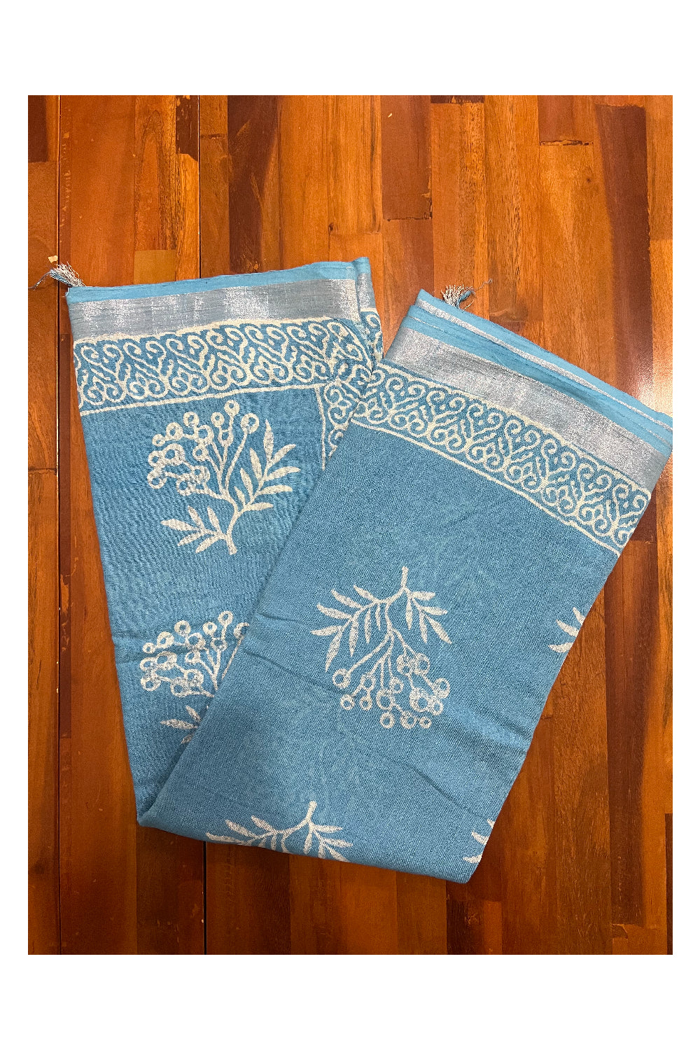 Southloom Linen Light Blue Designer Saree with White Prints and Tassels on Pallu