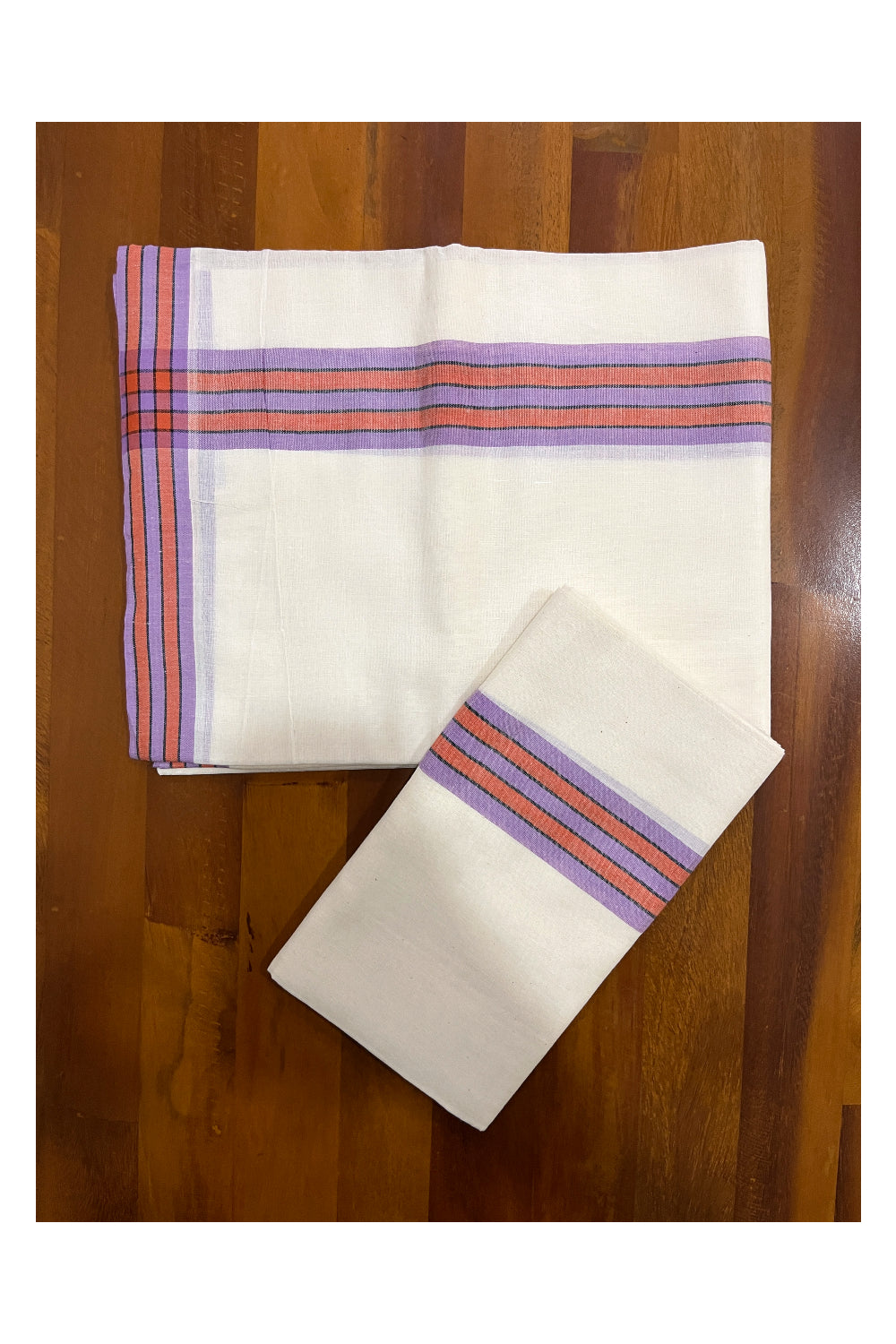 Kerala Cotton Mundum Neriyathum Single (Set Mundu) with Violet and Orange Mulloth Border (Extra Soft Cotton)