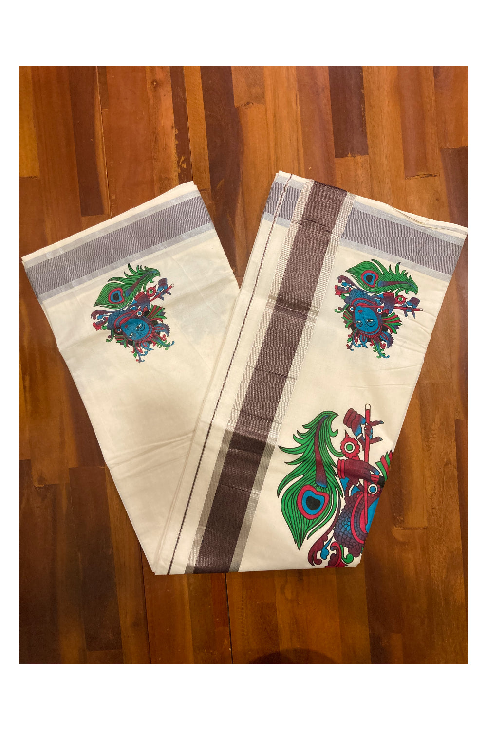 Pure Cotton Kerala Saree with Krishna Face Mural Prints and Silver Brown Border