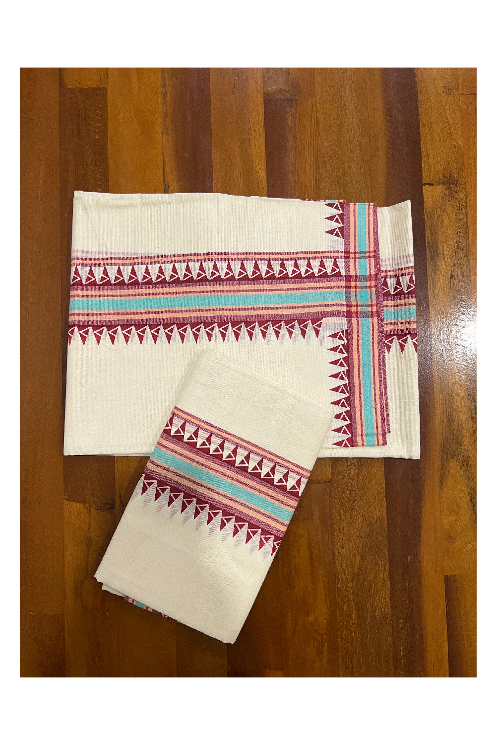 Kerala Cotton Mulloth Mundum Neriyathum Single (Set Mundu) with Dark Red Temple Block Prints and Turquoise Border (Extra Soft Cotton)