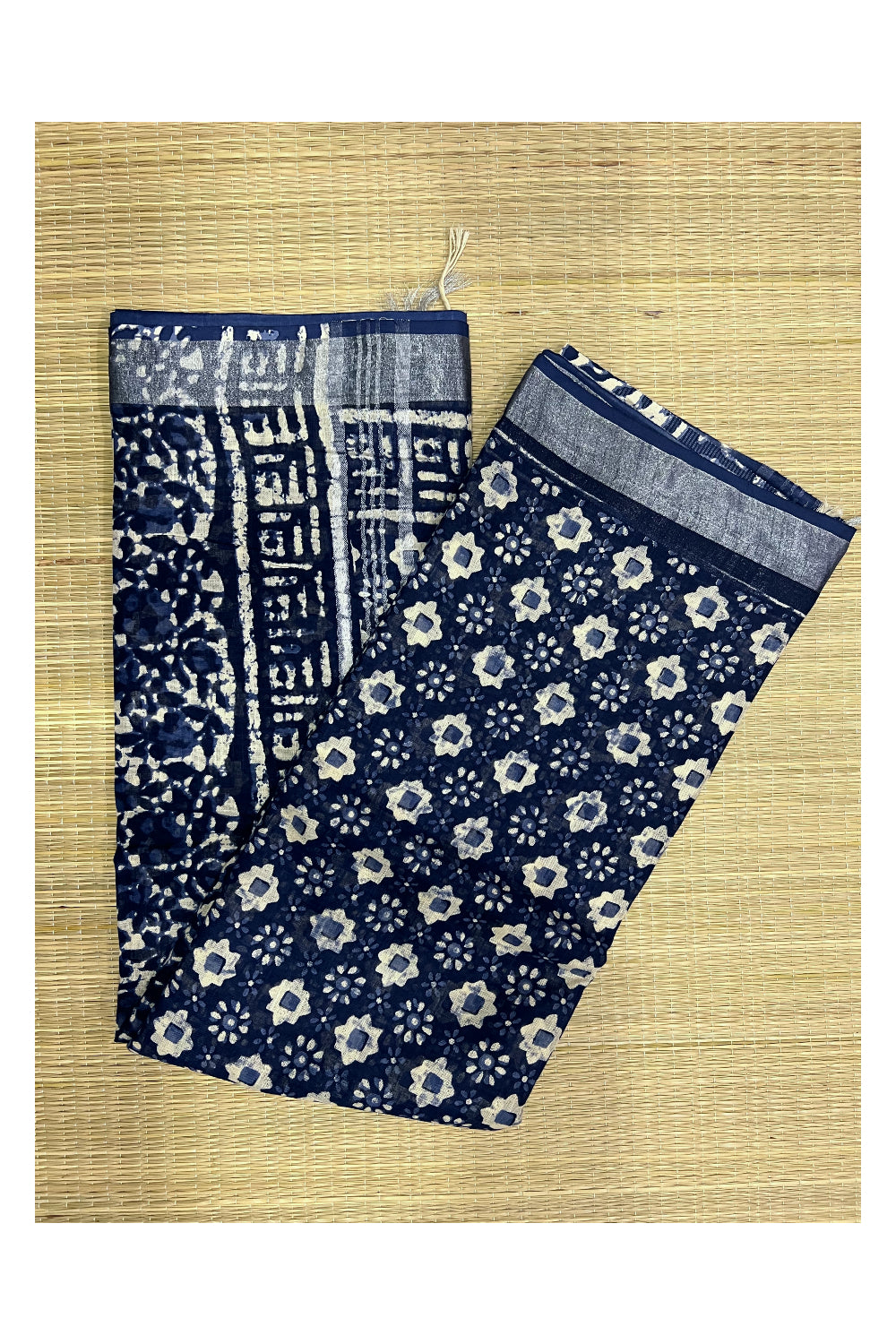 Southloom Linen Indigo Blue Saree with White Designer Prints and Tassels on Pallu