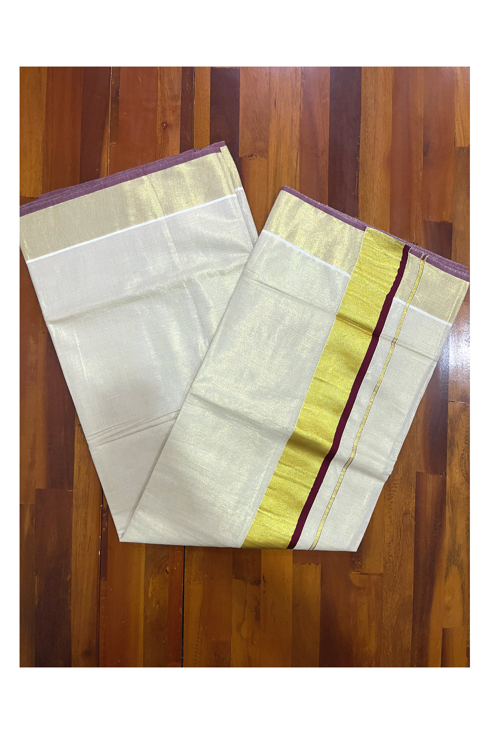 Kerala Kasavu Tissue Saree with Maroon Narrow Border