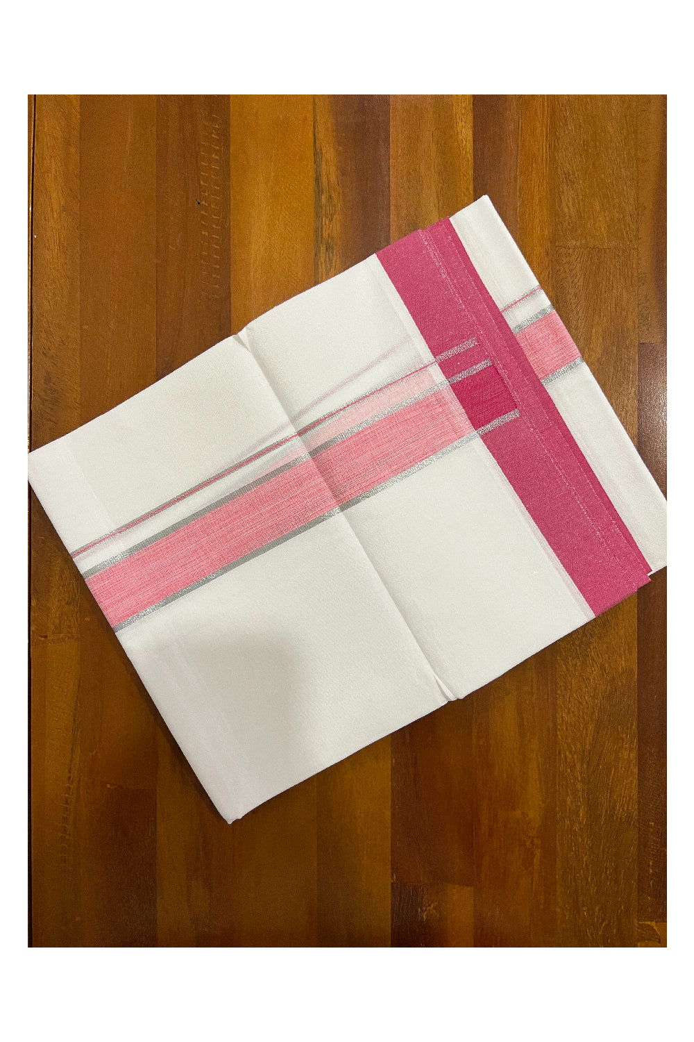 Pure White Kerala Cotton Double Mundu with Silver Kasavu and Pink Border (South Indian Kerala Dhoti)