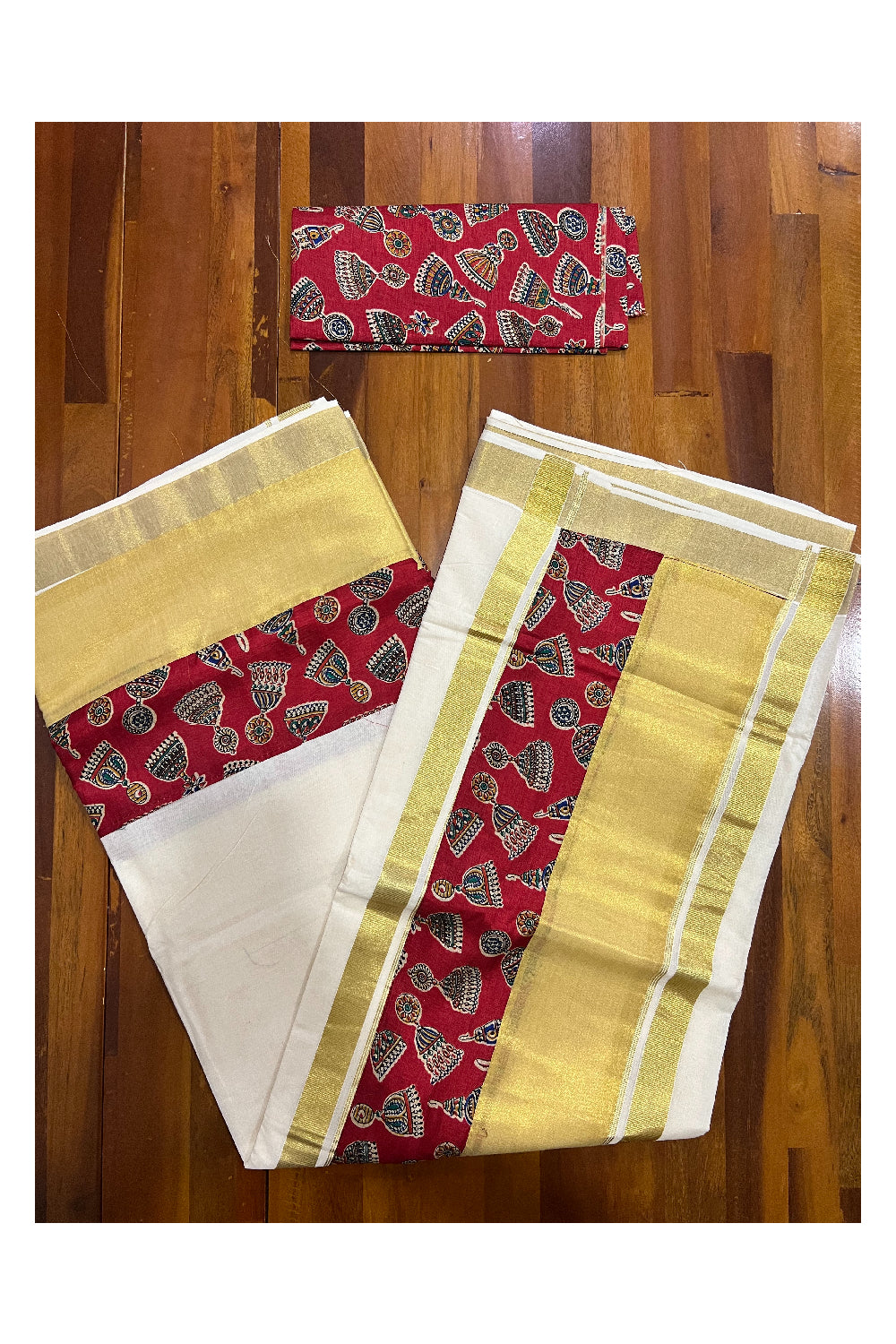 Kerala Pure Cotton Fusion Art Red Jimikki Kammal Printed Kasavu Saree with Printed Blouse Piece