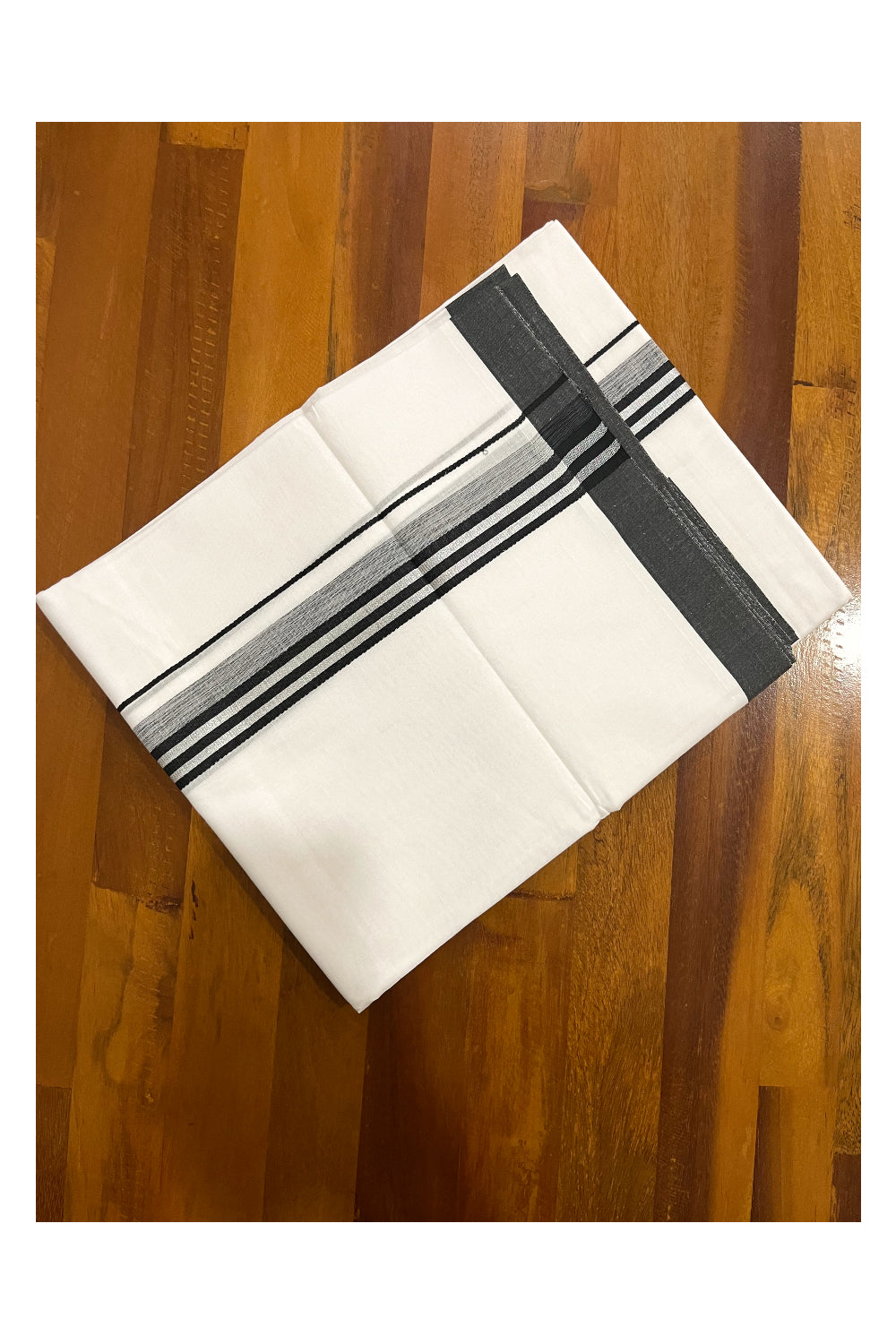 Pure White Cotton Double Mundu with Silver Kasavu and Black Border (South Indian Dhoti)