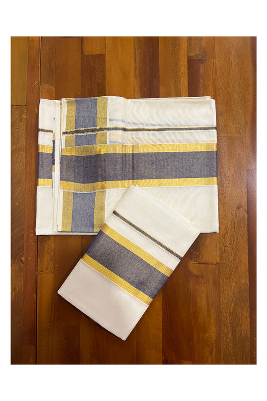 Kerala Cotton Mundum Neriyathum Single (Set Mundu) with Blue and Kasavu Border 2.80 Mtrs