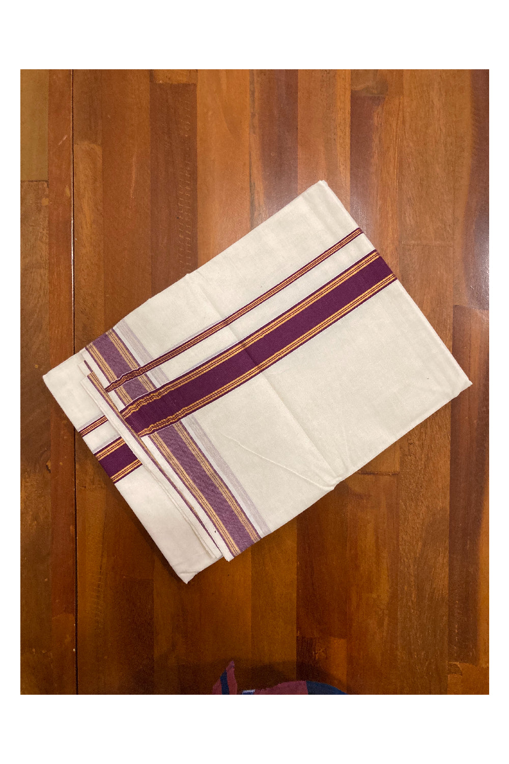 Off White Kerala Double Mundu with Kasavu and Deep Magenta Border (South Indian Dhoti)