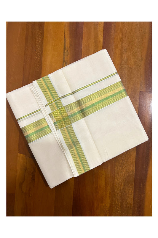 Southloom Premium Handloom Pure Cotton Mundu with Golden and Light Green Line Kasavu Border (South Indian Dhoti)