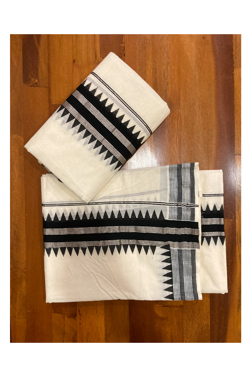 Kerala Cotton Set Mundu (Mundum Neriyathum) with Silver Kasavu and Black Temple Block Prints on Border 2.80 Mtrs