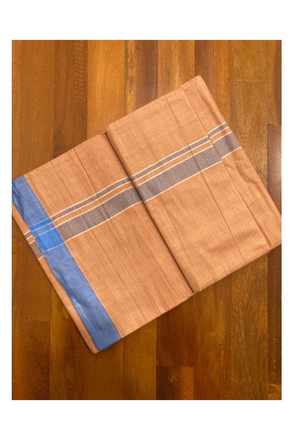 Southloom Premium Handloom Dark Saffron Solid Single Mundu (Lungi) with Blue Border