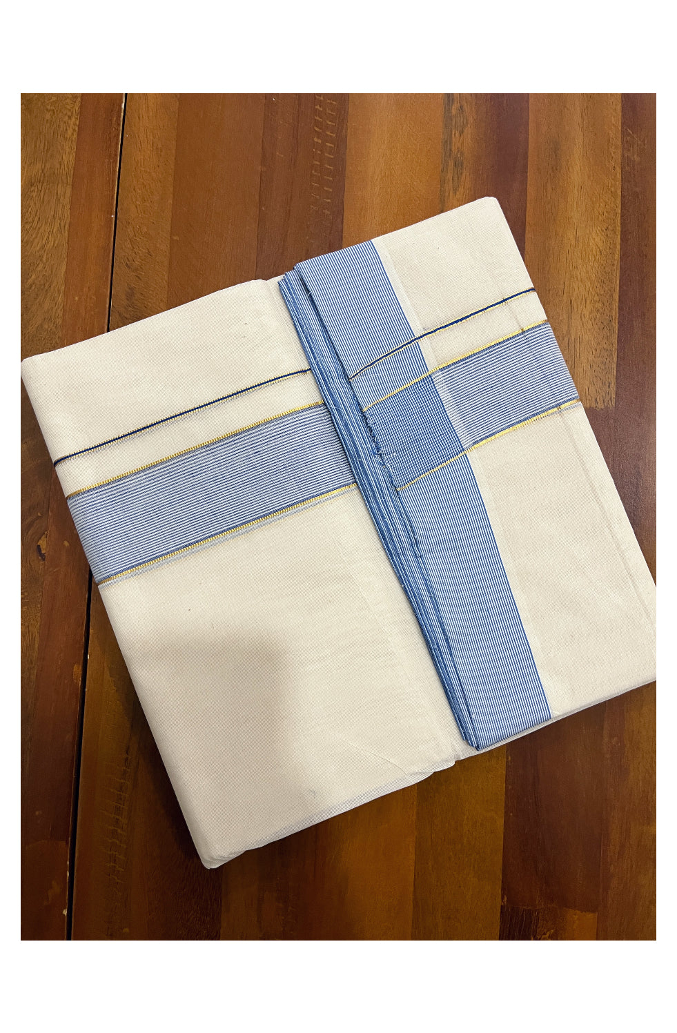 Pure Cotton Off White 100x100 Double Mundu with Kasavu and Blue Line Border (South Indian Dhoti)