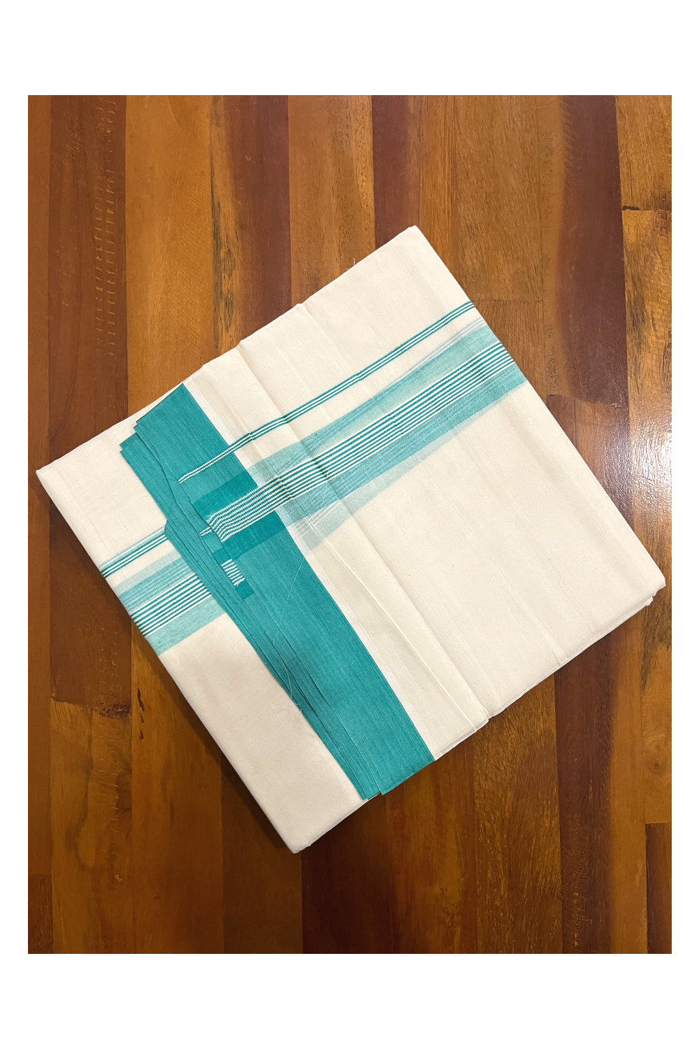 Pure Cotton Off White Double Mundu with Green Kara (South Indian Dhoti)