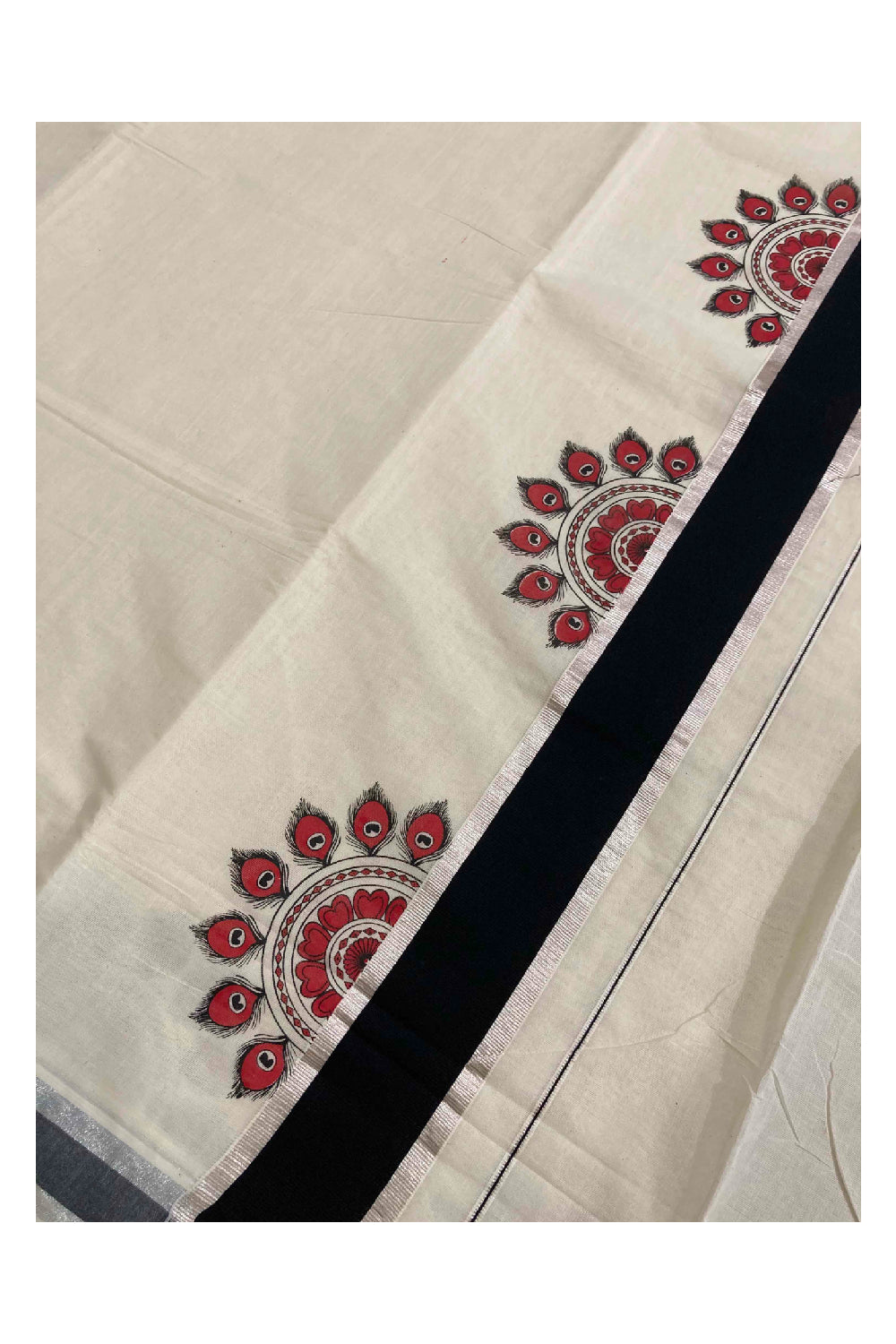 Kerala Pure Cotton Silver Kasavu Saree with Mural Printed Peacock Feather Semi Circle Black Border