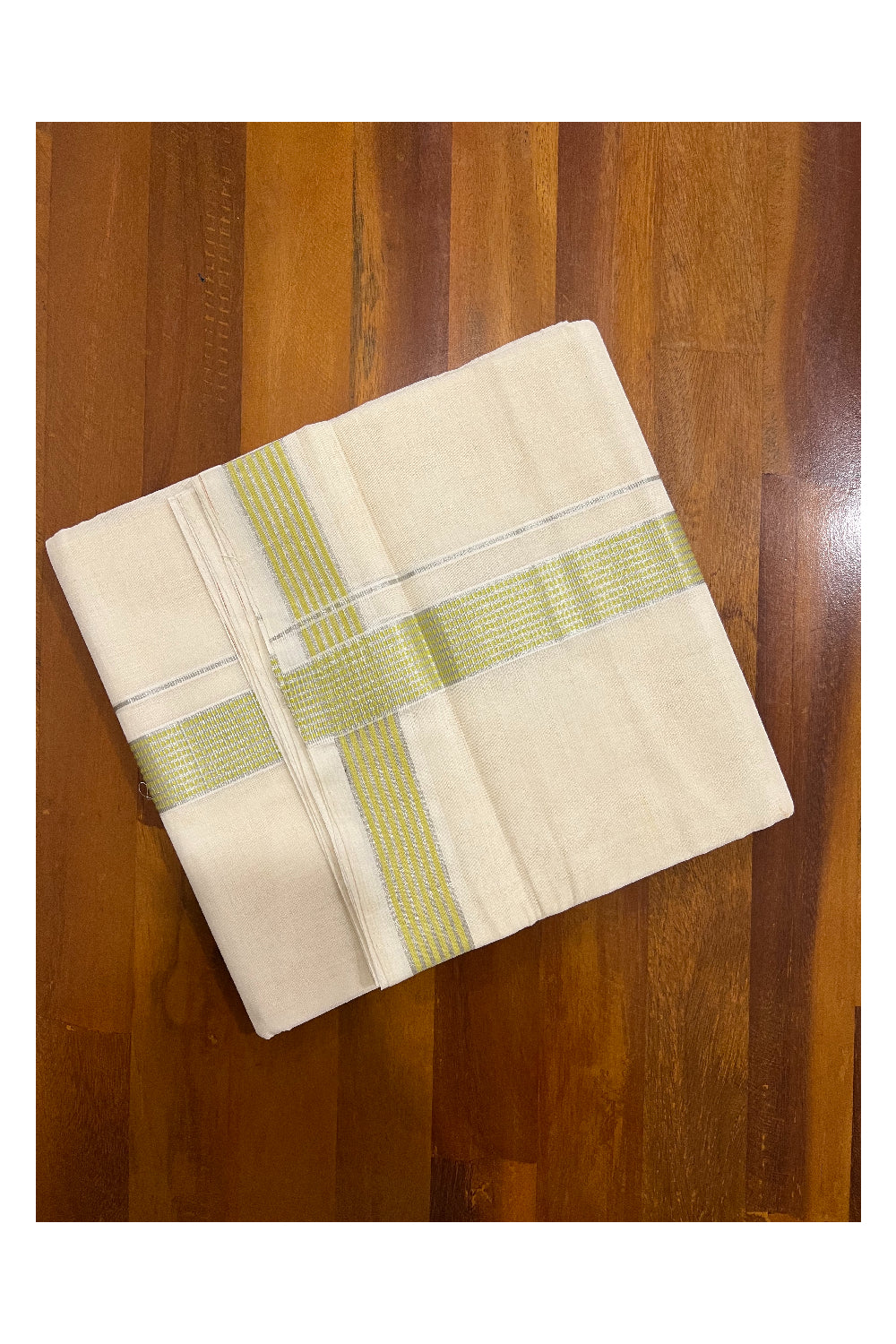 Southloom Kuthampully Handloom Pure Cotton Mundu with Silver Kasavu and Light Green Border (South Indian Dhoti)