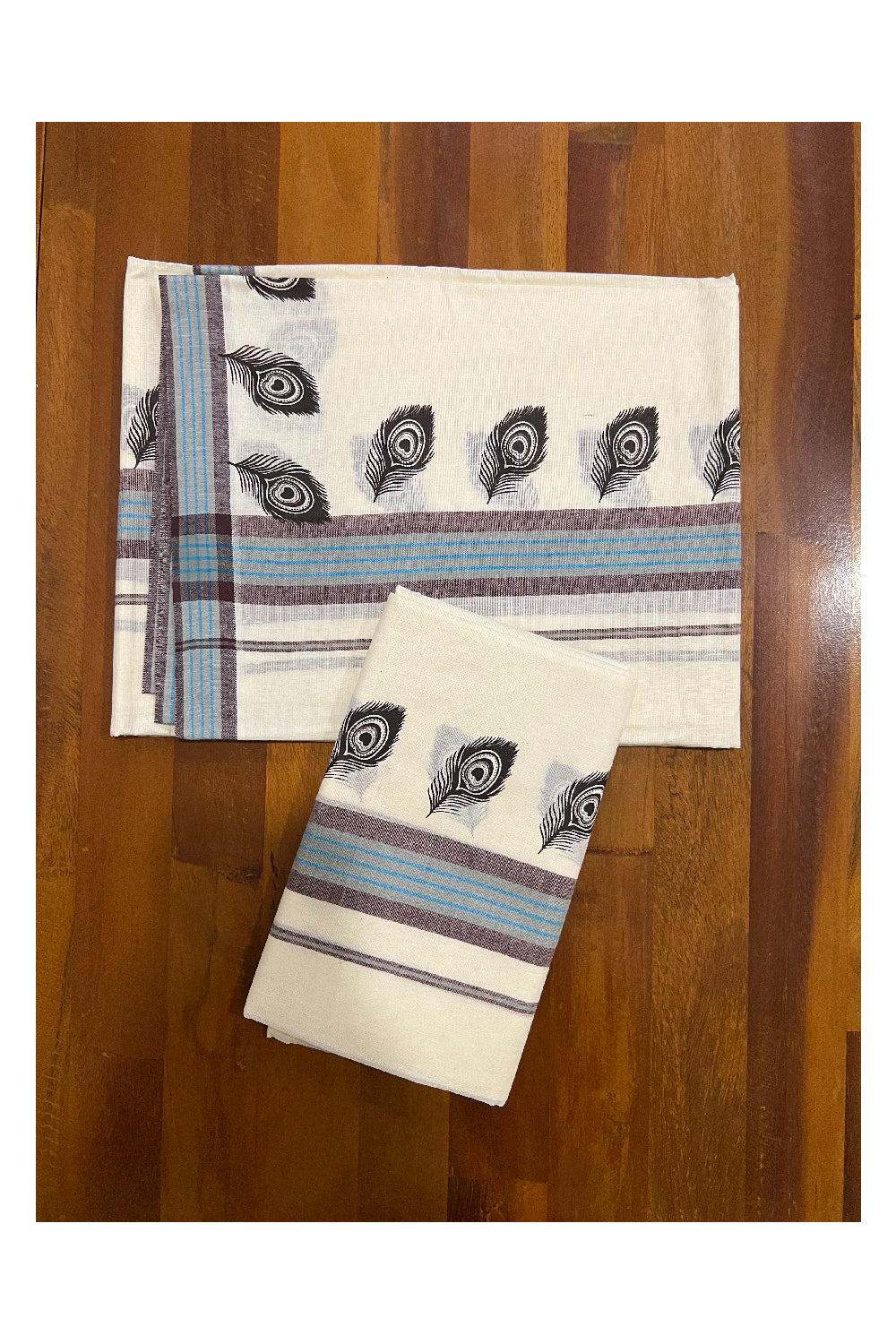 Pure Cotton Set Mundu (Mundum Neriyathum) with Dark Brown Feather Block Prints on Blue and Brown Border