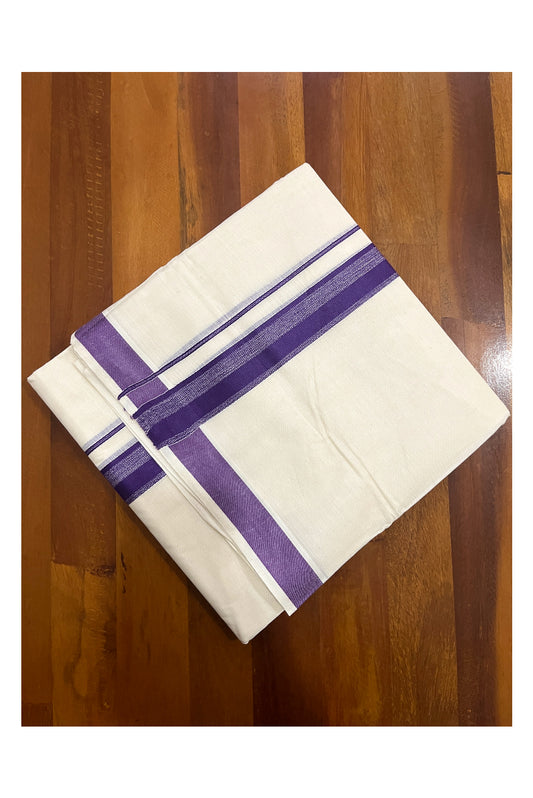 Pure Cotton Double Mundu with Violet Kara (South Indian Kerala Dhoti)