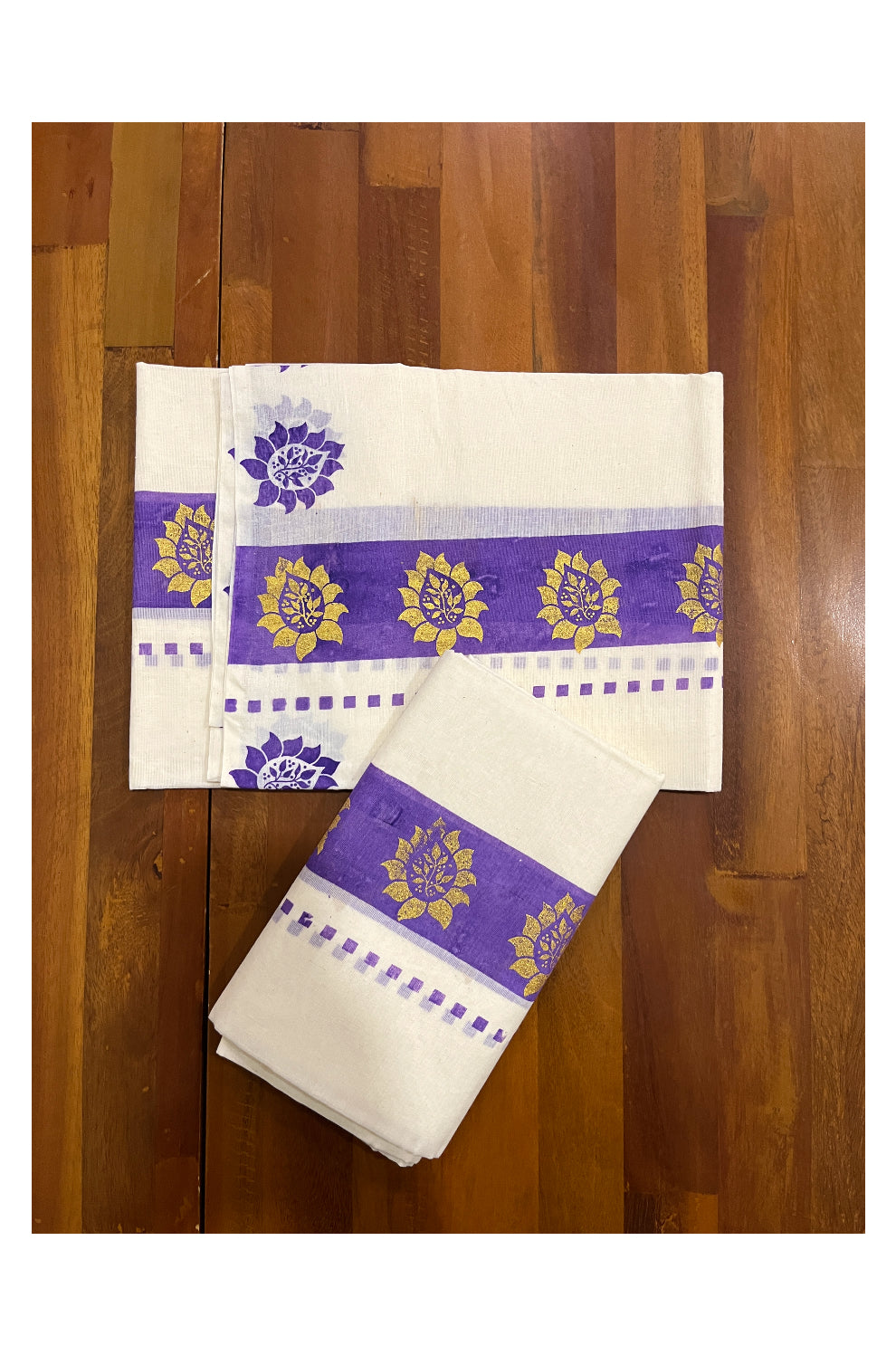 Kerala Cotton Set Mundu (Mundum Neriyathum) with Golden Floral Block Prints on Violet Border 2.80 Mtrs