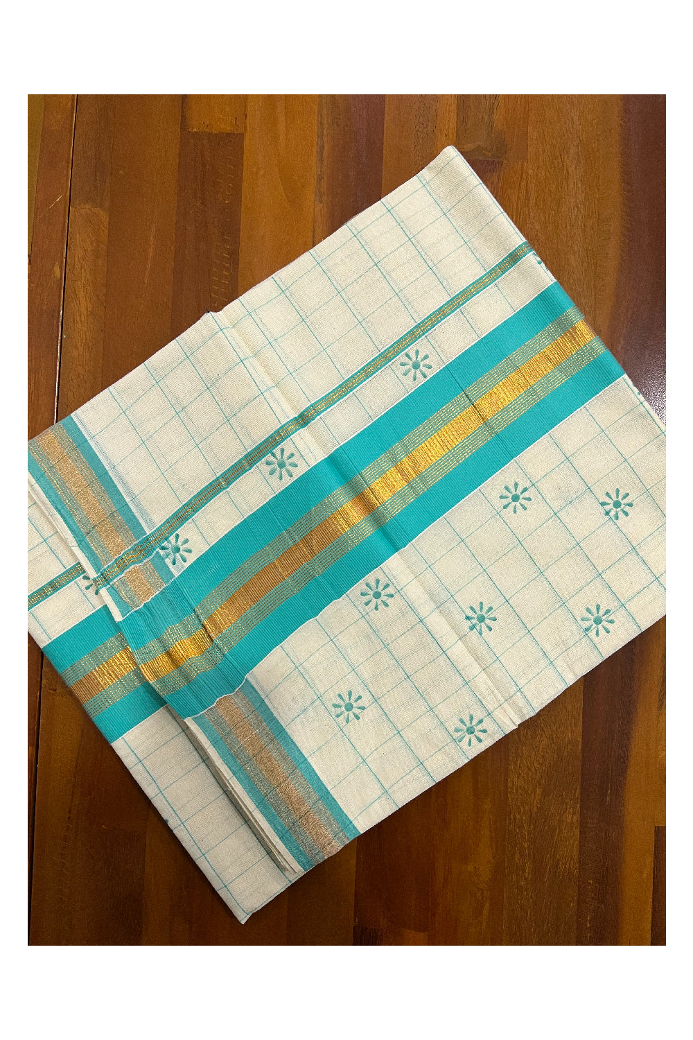 Pure Cotton Kerala Checkered Saree with Turquoise Block Prints and Kasavu Border