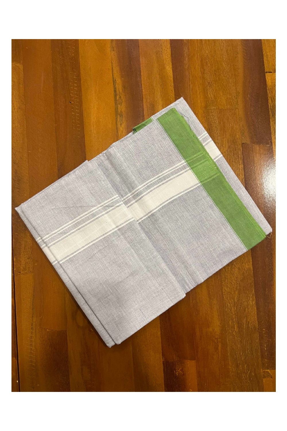 Southloom Premium Handloom Grey Single Mundu with White Border (Lungi)