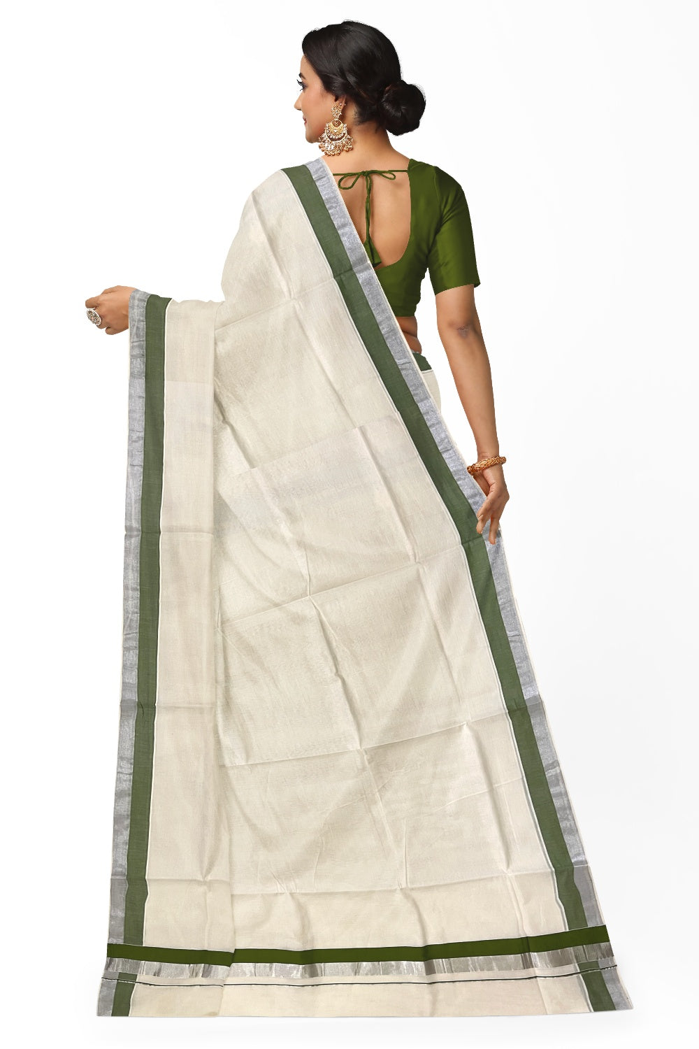 Kerala Pure Cotton Plain Saree with Silver Kasavu and Green Border