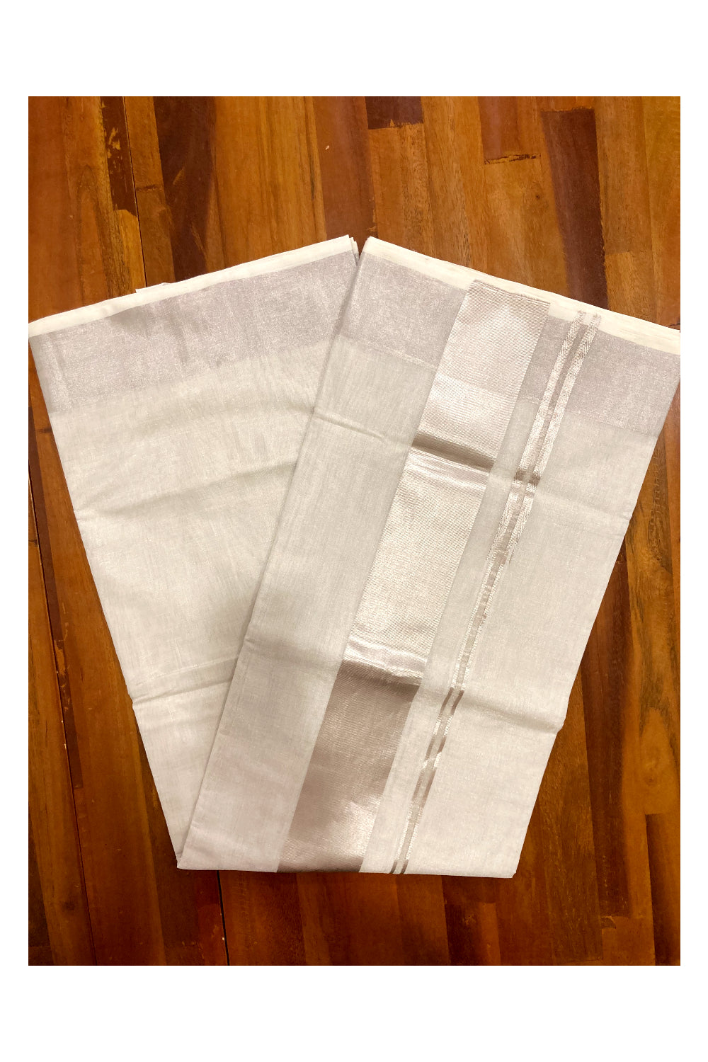 Southloom™ Premium Handloom Plain 4 Inch Silver Tissue Saree