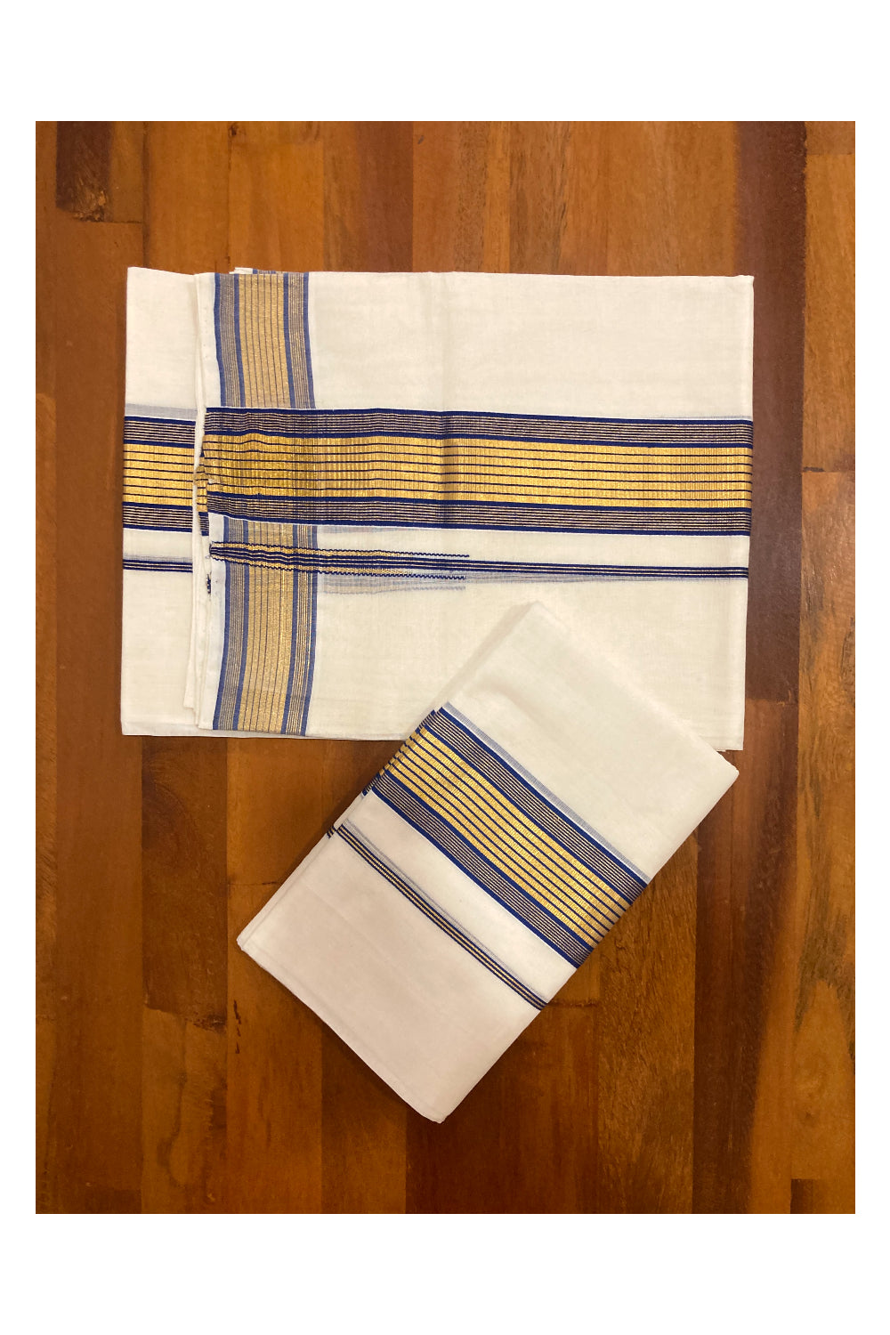 Southloom Premium Handloom Set Mundu with Kasavu and Blue Border 2.80 Mtrs