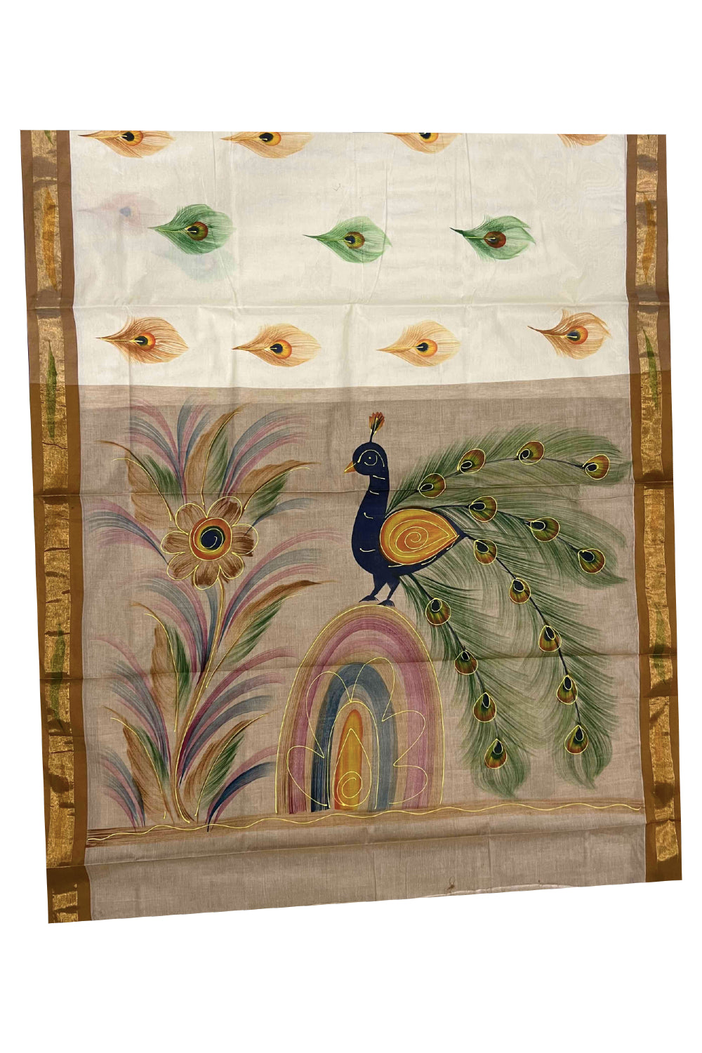 Southloom Brown Handpainted Mural Kerala Kasavu Saree with Peacock Art