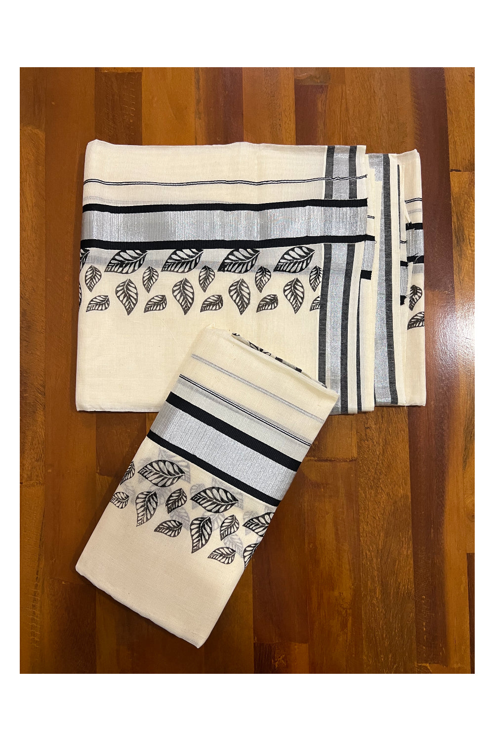 Cotton Silver Kasavu Set Mundu (Mundum Neriyathum) with Black Leaf Block Prints on Border