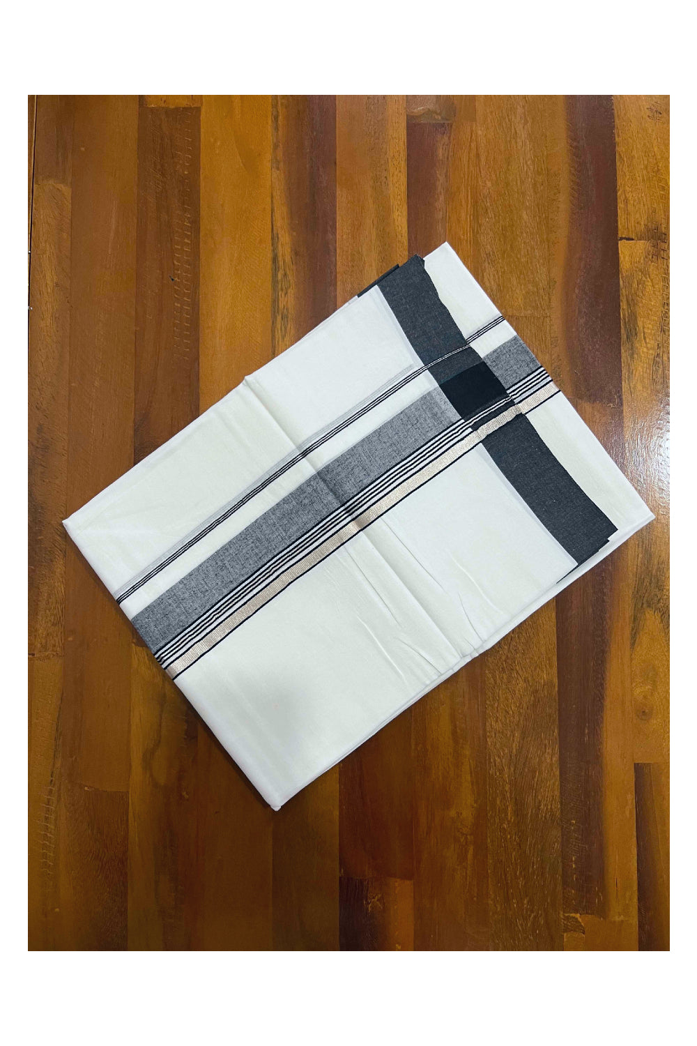 Pure White Cotton Mundu with Black and Silver Kasavu Kara (South Indian Dhoti)