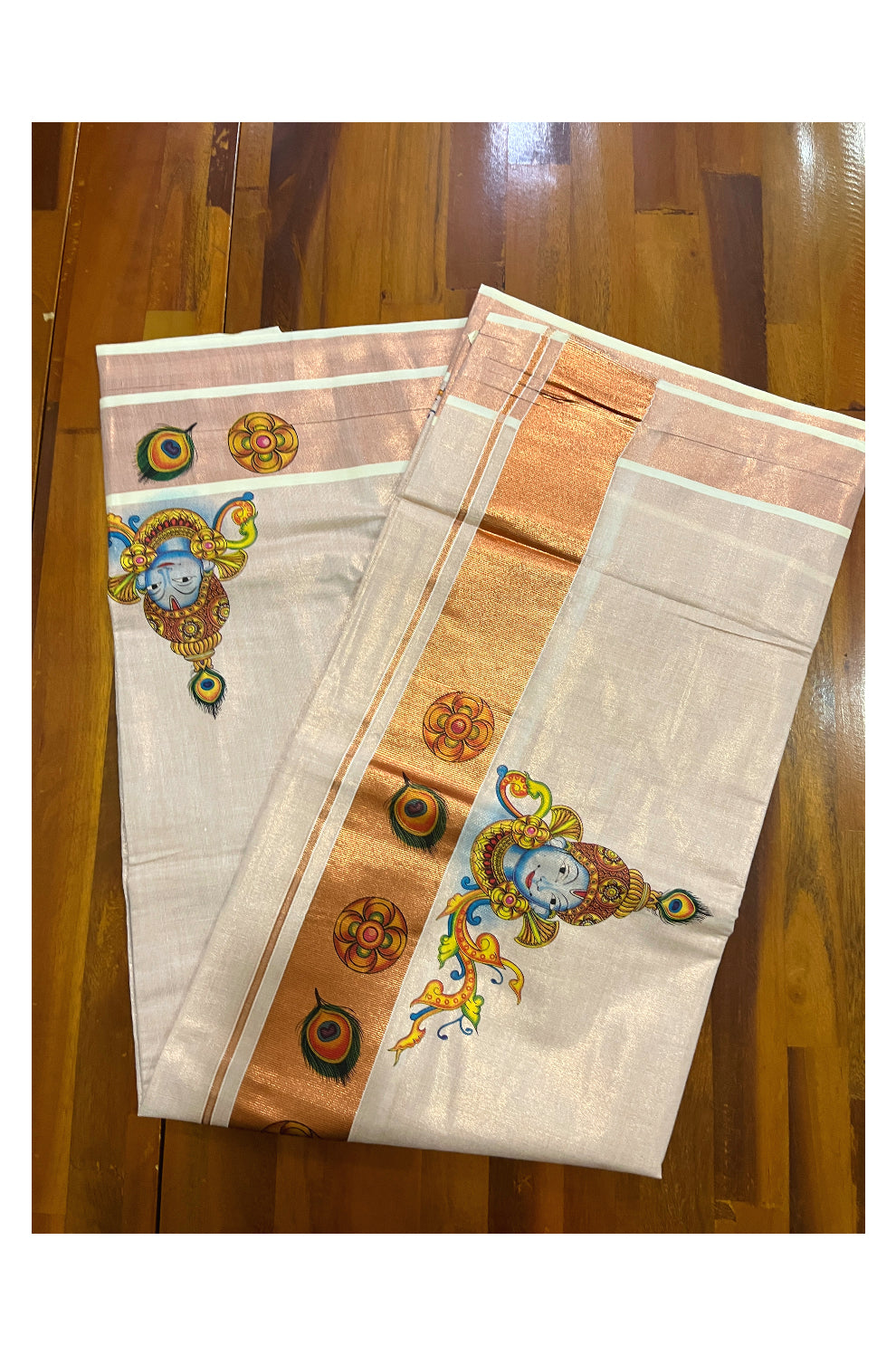 Kerala Copper Tissue Kasavu Saree With Mural Printed Krishna Design and Feather Prints on Border