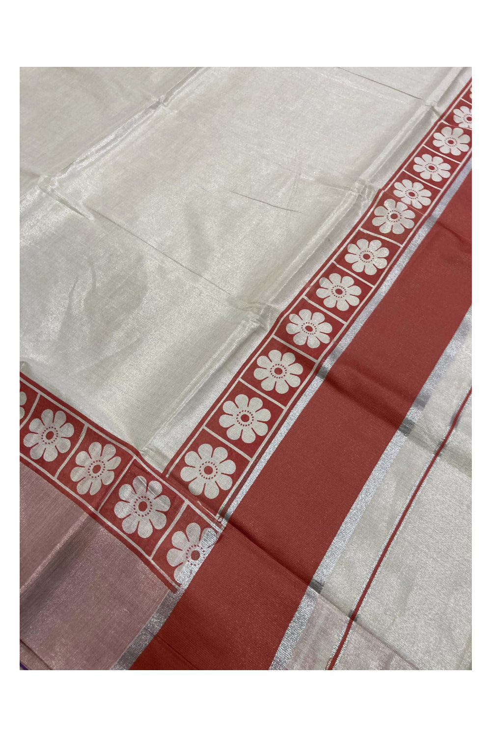Kerala Silver Tissue Kasavu Brick Red Floral Block Printed Saree