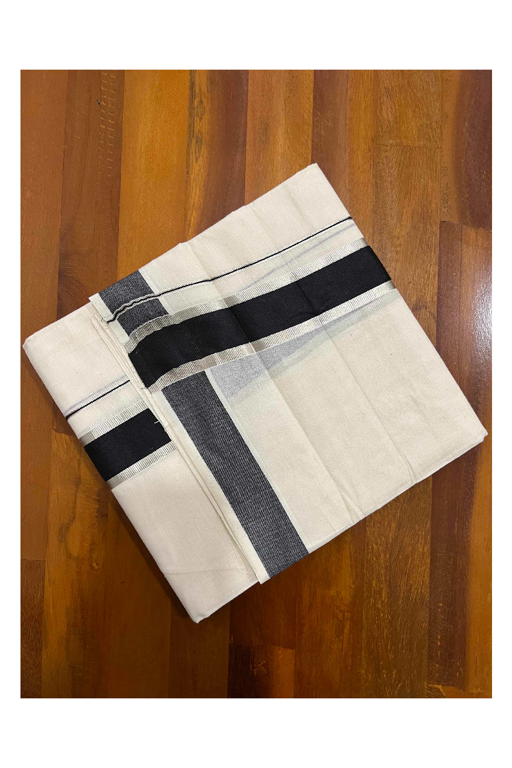 Off White Kerala Double Mundu with Silver Kasavu and Black Border (South Indian Dhoti)