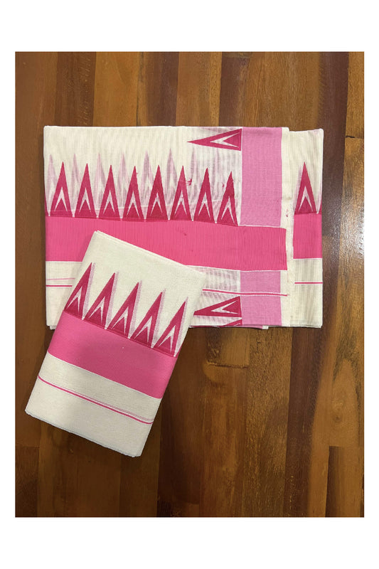 Kerala Cotton Mundum Neriyathum (Set Mundu) with Pink Temple Block Print Border