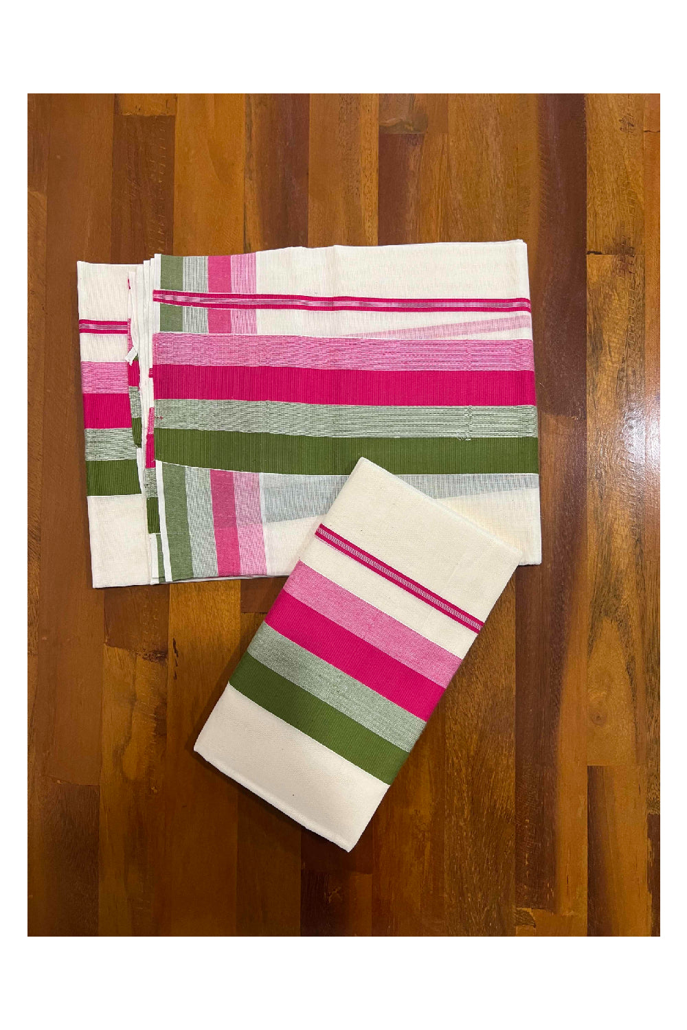 Kerala Cotton Mundum Neriyathum Single (Set Mundu) with Green and Pink Lines Border 2.80 Mtrs