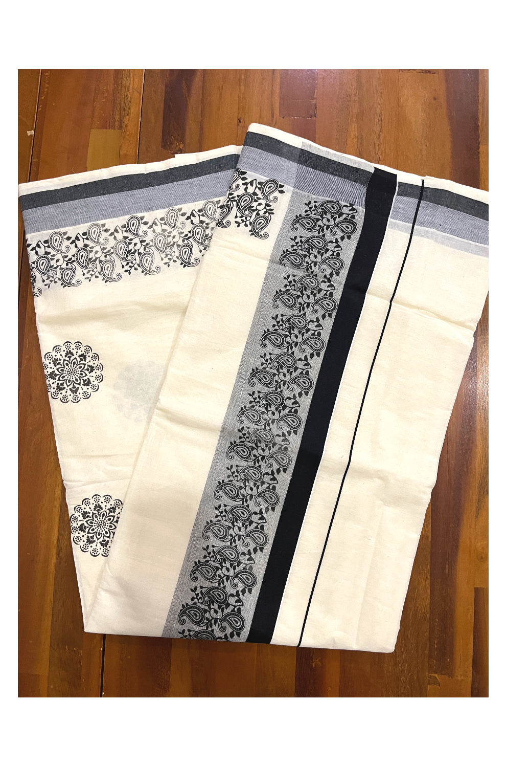 Pure Cotton Off White Kerala Saree with Black Paisley Block Prints on Border