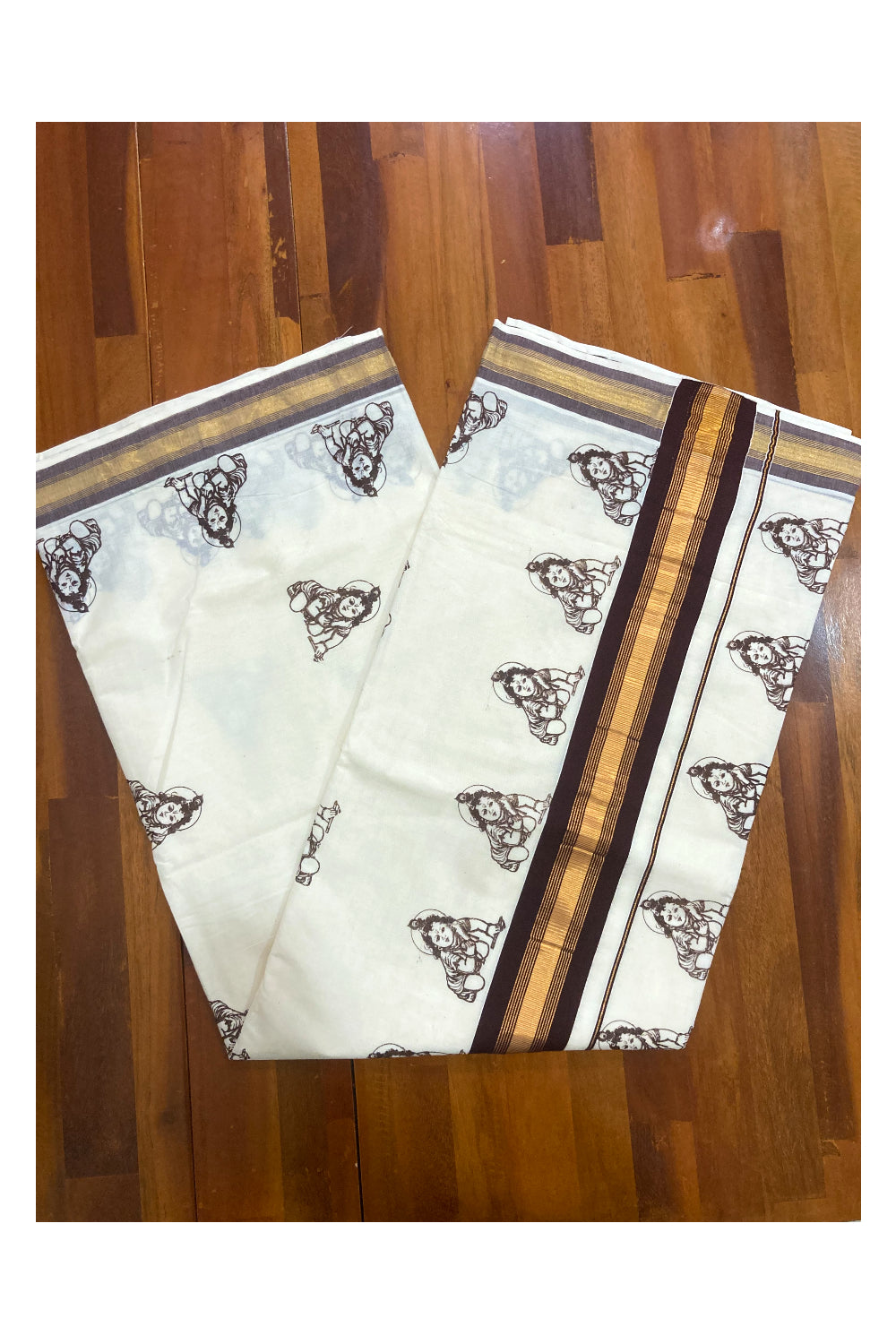 Pure Cotton Kerala Saree with Brown Krishna Block Printed Design and Kasavu Border