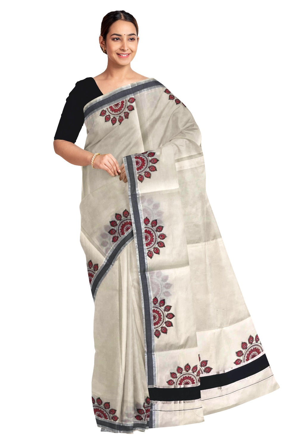 Kerala Pure Cotton Silver Kasavu Saree with Mural Printed Peacock Feather Semi Circle Black Border