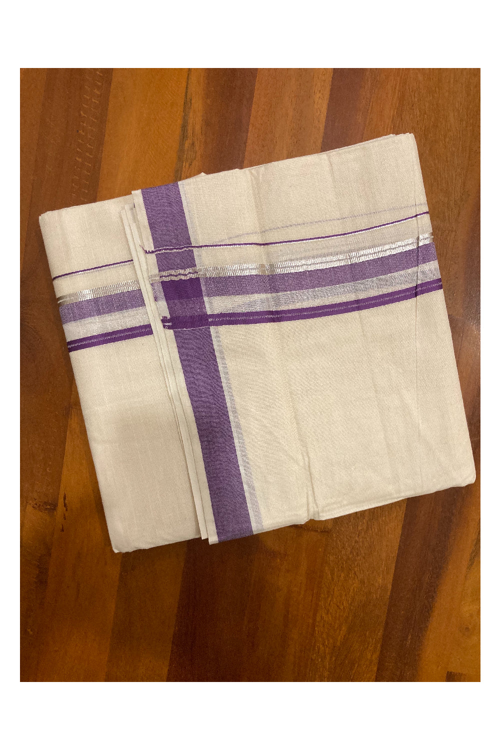 Pure Cotton Double Mundu with Violet and Silver Kasavu Border (South Indian Kerala Dhoti)