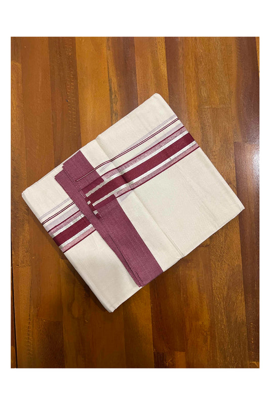 Off White Kerala Double Mundu with Silver Kasavu and Maroon Border (South Indian Dhoti)