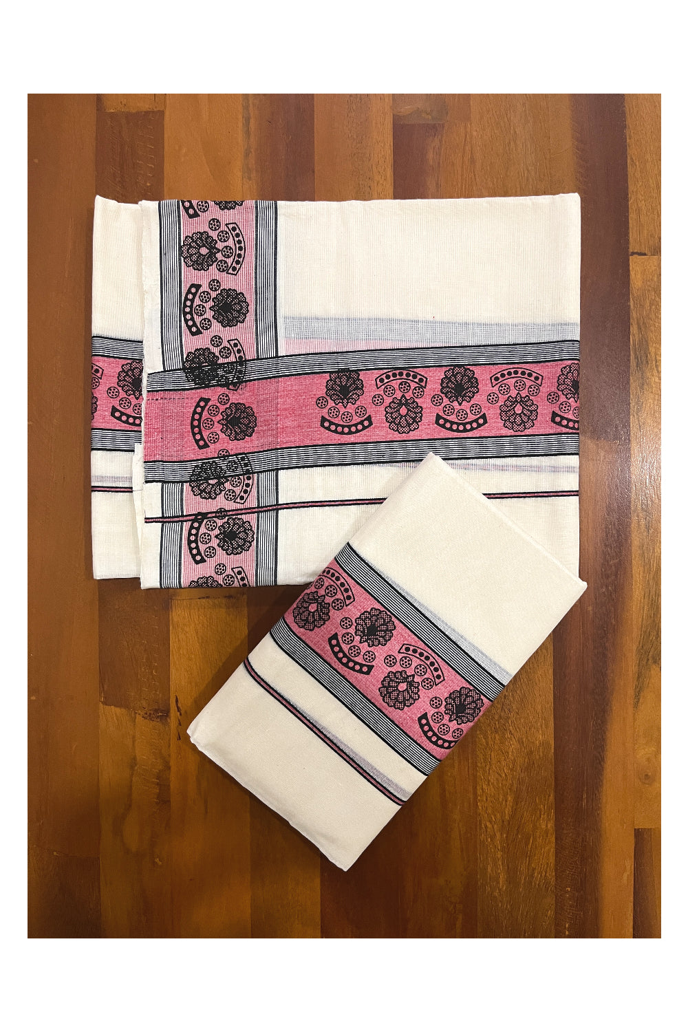 Pure Cotton Single Set Mundu (Mundum Neriyathum Vishu 2023) with Black Block Prints on Red Border