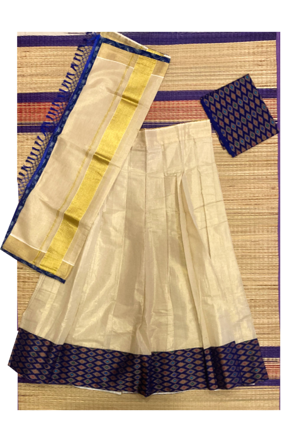 Semi Stitched Dhavani Set with Tissue Pavada and Blue Designer Blouse Piece