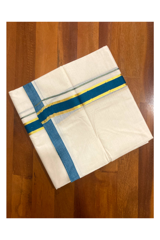 Off White Pure Cotton Double Mundu with Kasavu and Teal Blue Border (South Indian Dhoti)