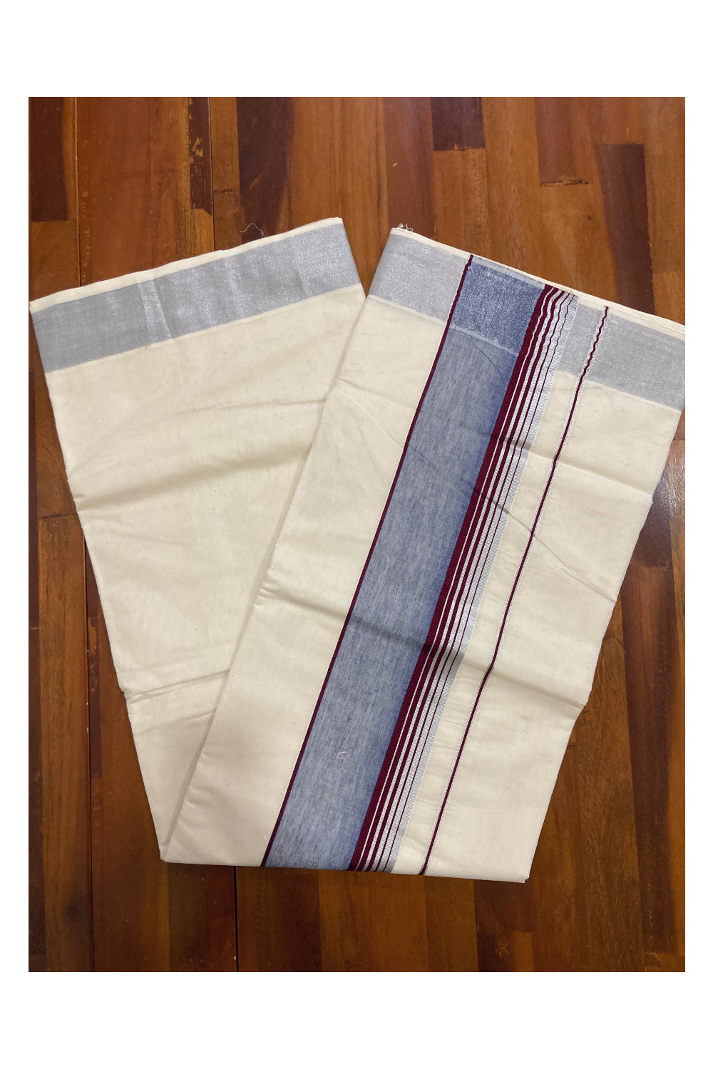 Pure Cotton Silver Kasavu Plain Saree with Maroon and Blue Border