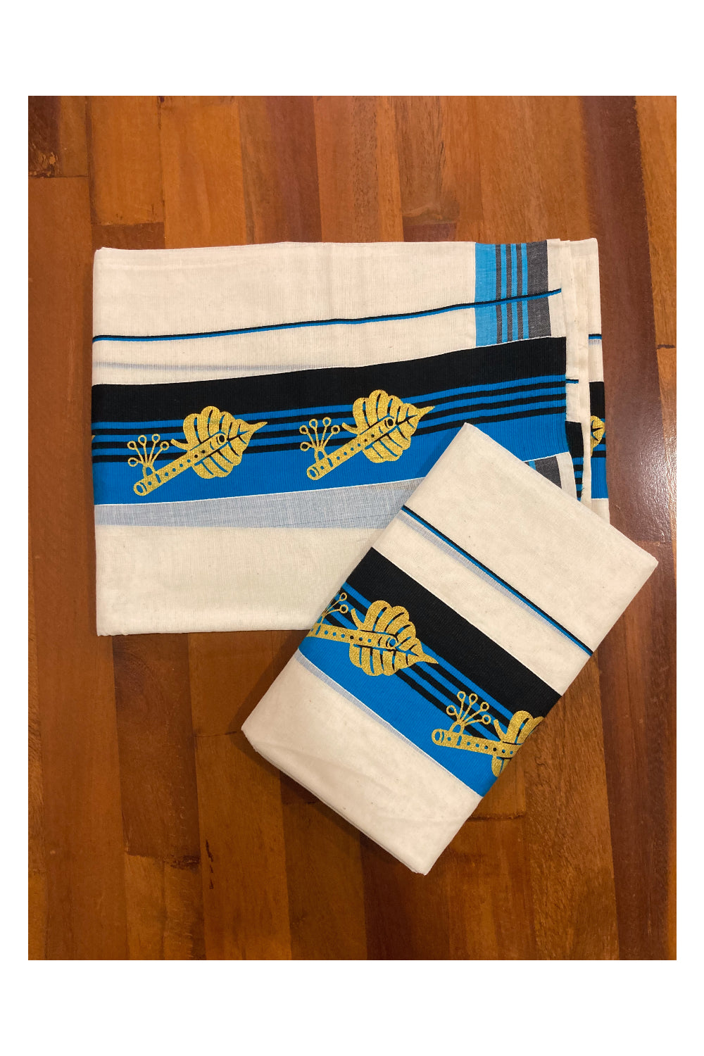 Cotton Set Mundu (Mundum Neriyathum) with Golden Block Prints on Black and Blue Border