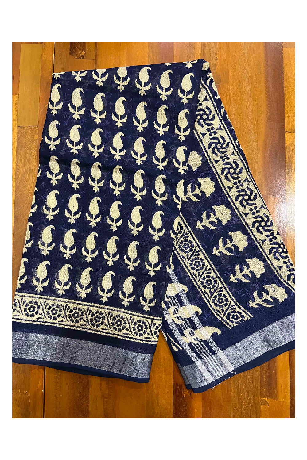 Southloom Linen Blue and White Designer Saree with Tassels