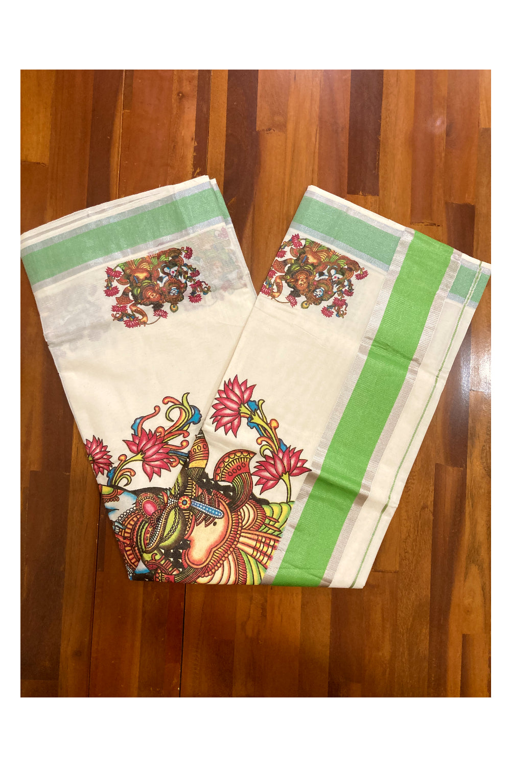 Pure Cotton Kerala Saree with Krishna Radha Mural Prints and Silver Green Border